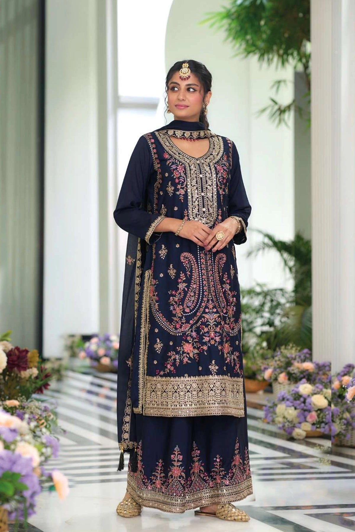 Buy Navy Chinon Silk Embroidered Palazzo Style Suit at PinkPhulkari 