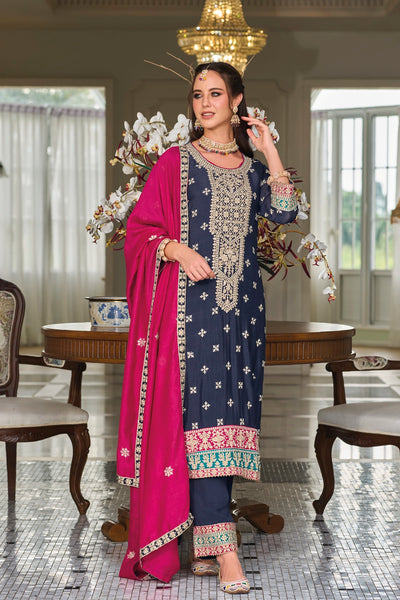 Navy Blue Embroidery Silk Party Wear Suit at PinkPhulkari California