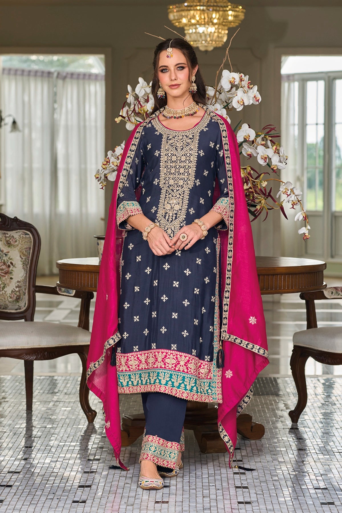 Navy Blue Embroidery Silk Party Wear Suit at PinkPhulkari California