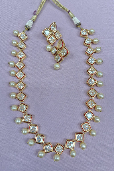  Gold Plated Kundan Stone and Pearl Single String Necklace 