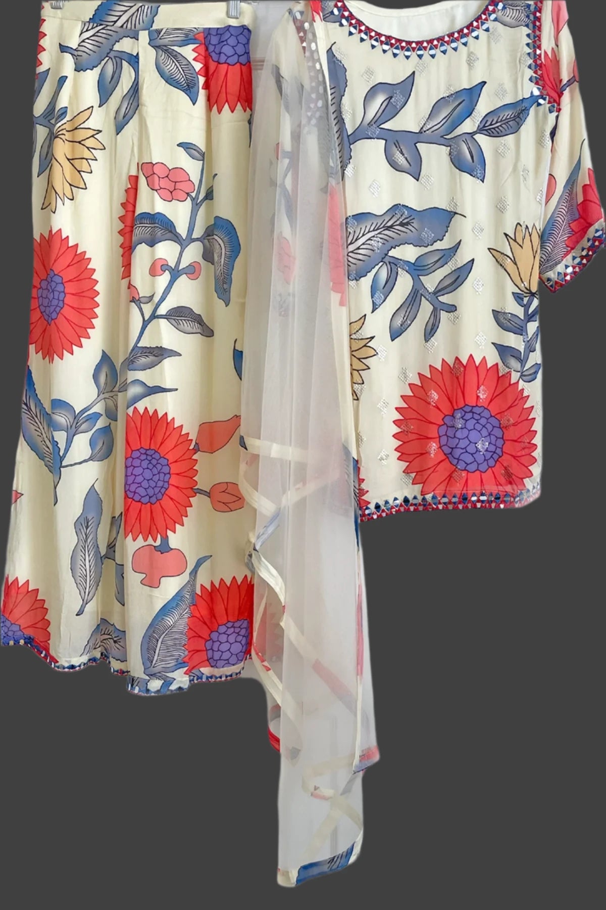 Ivory Chinon Chiffon Floral Print Mirror Work Straight Kurta Set