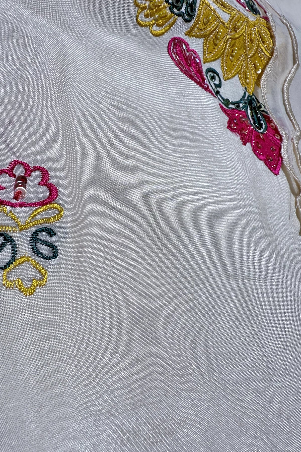 Close-up of embroidered fabric with floral patterns on a white background