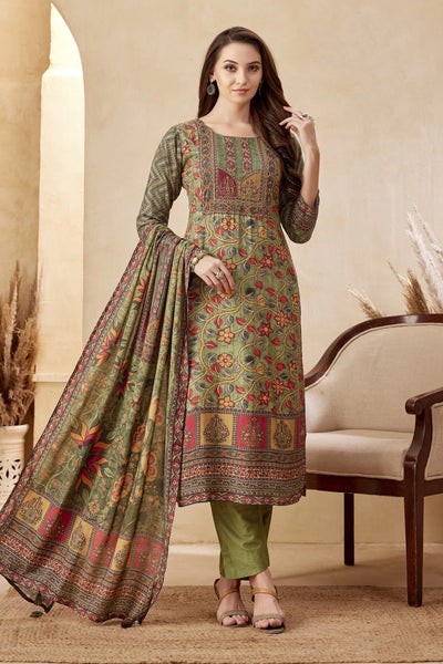 Olive Green Floral Printed Embroidered Pant Style Straight Kurta Set