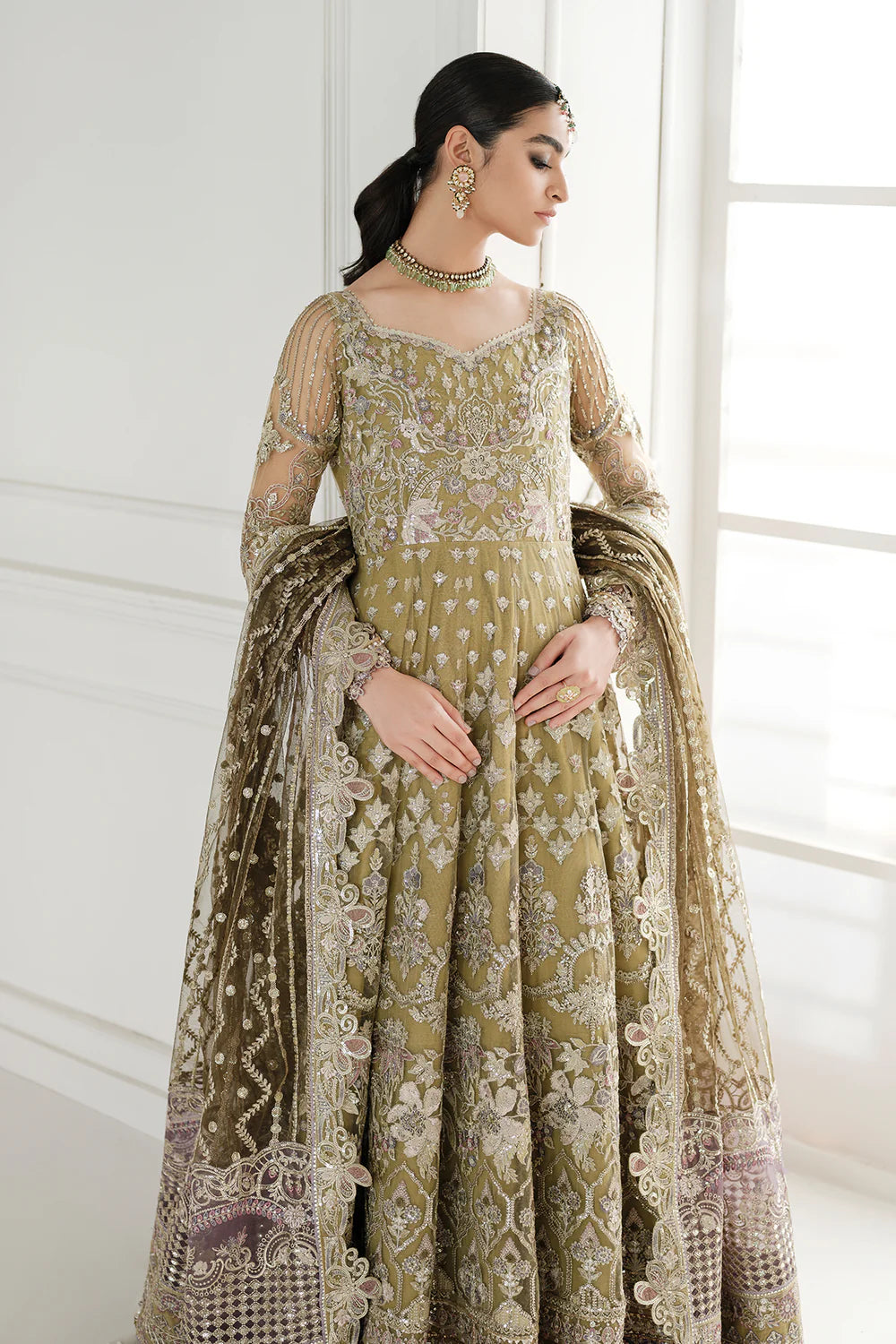 open lace back dress Olive Green Flared Embroidered Georgette Anarkali Suit main image 0