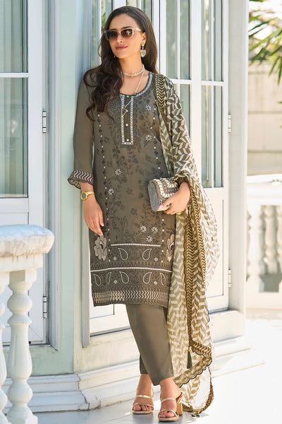Olive Green Embroidered Pant Style Suit 