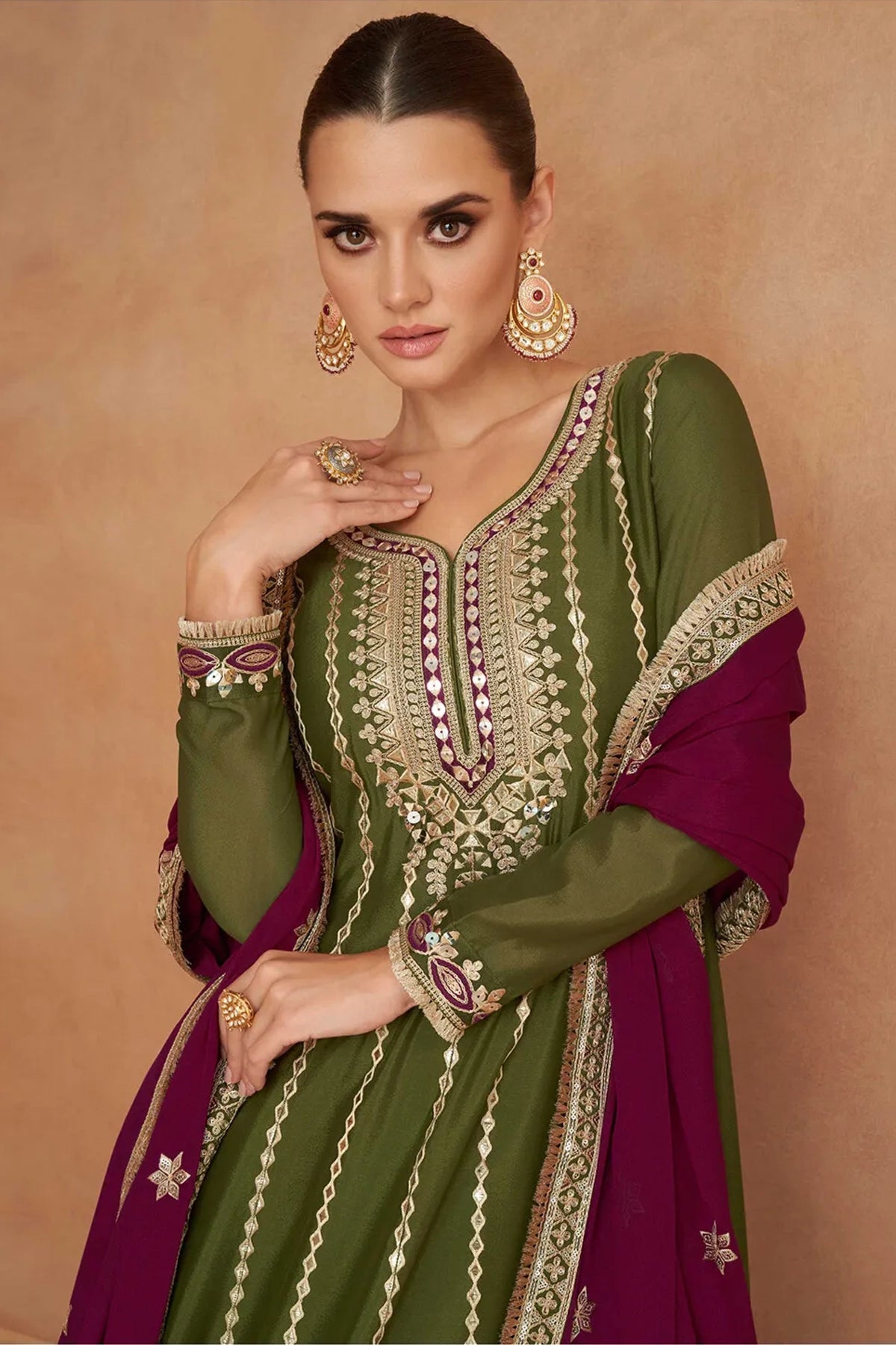 Buy Olive Green Embroidered Chinon Silk Anarkali Patiala Pant Suit 