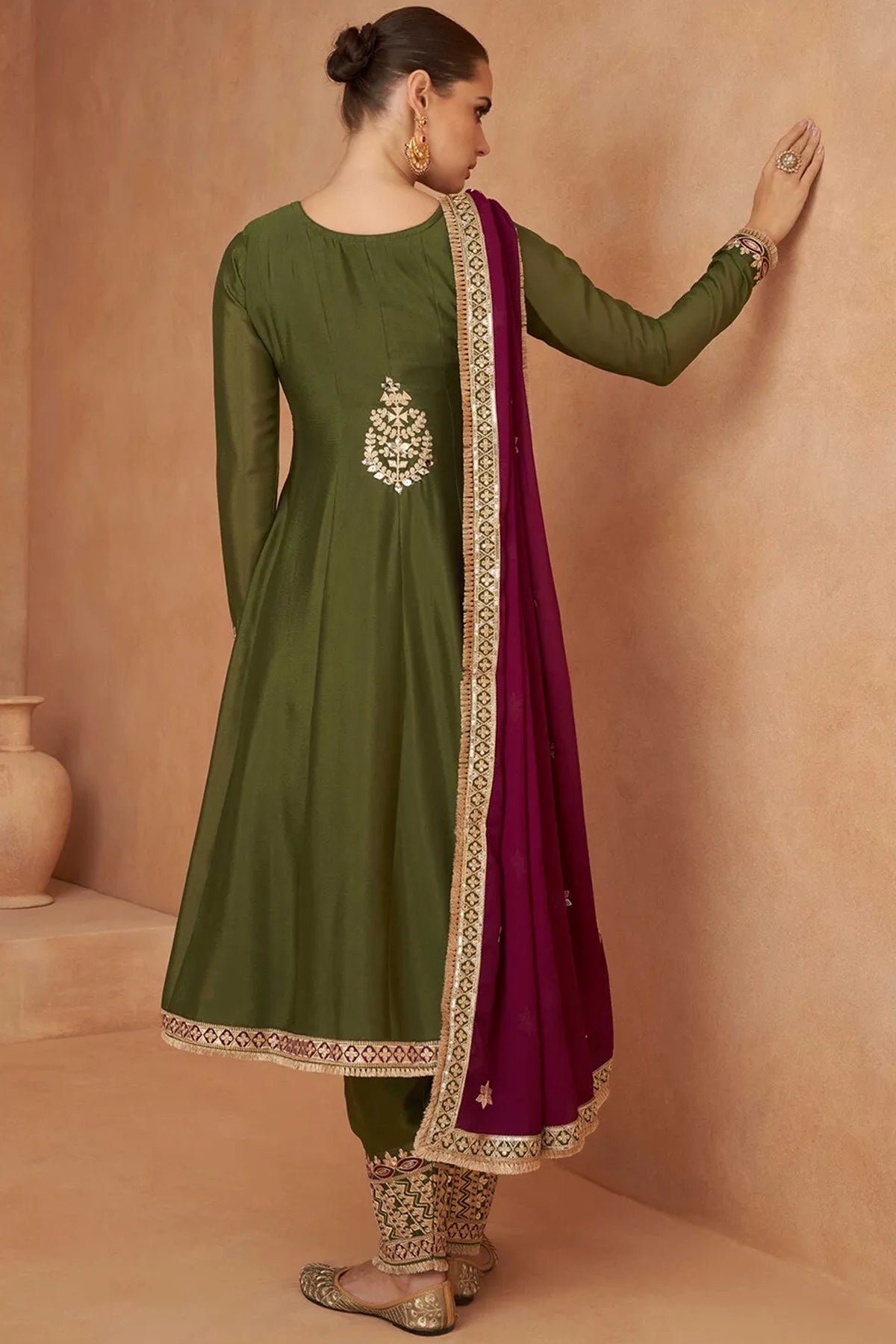 Buy Olive Green Embroidered Chinon Silk Anarkali Patiala Pant Suit 