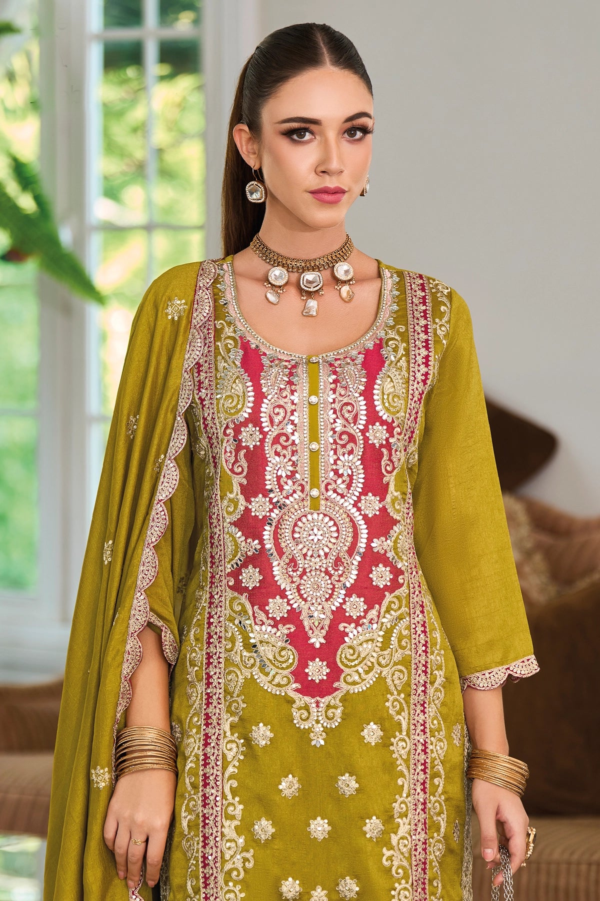 Buy Olive Green Silk Embroidered Kurta Palazzo Suit at PinkPhulkari 