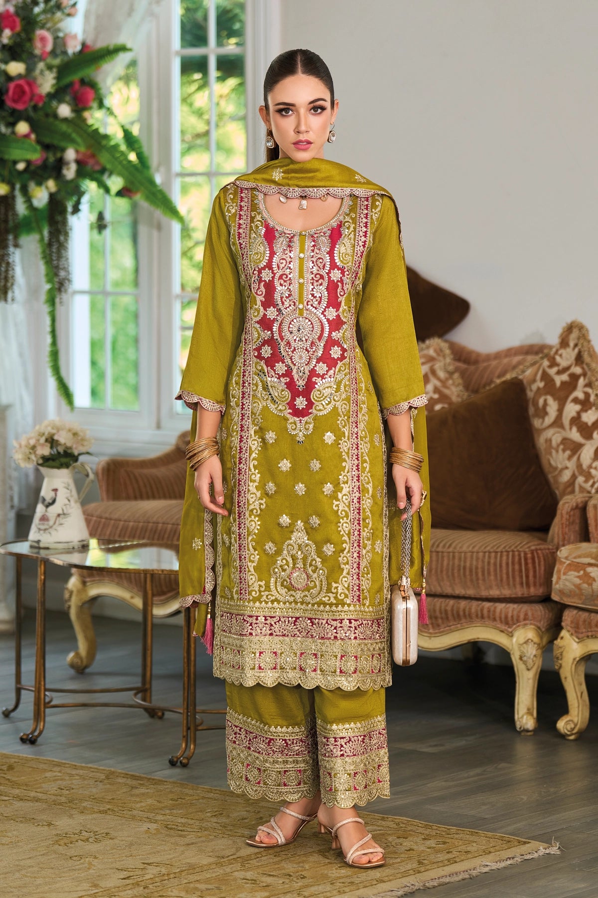 Buy Olive Green Silk Embroidered Kurta Palazzo Suit at PinkPhulkari 