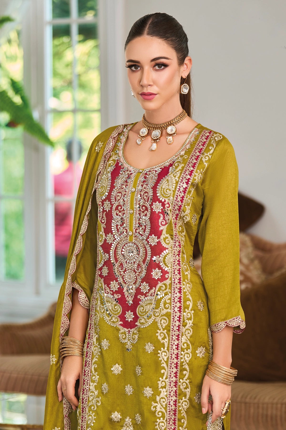 Buy Olive Green Silk Embroidered Kurta Palazzo Suit at PinkPhulkari 