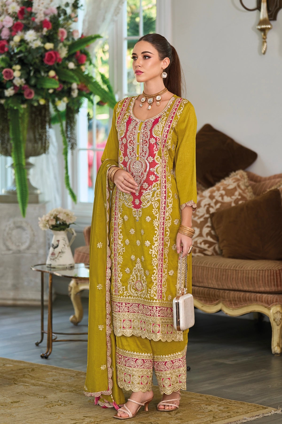 Buy Olive Green Silk Embroidered Kurta Palazzo Suit at PinkPhulkari 