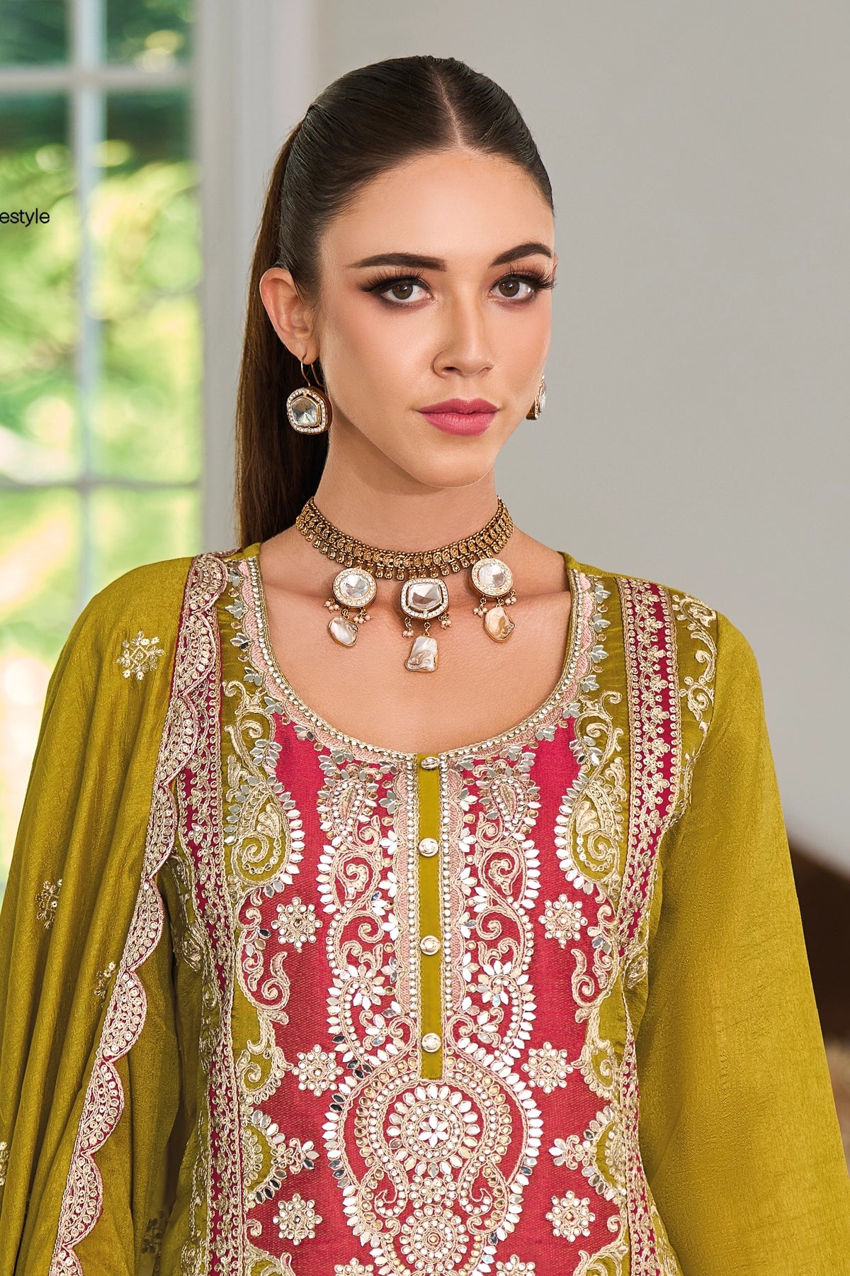 Buy Olive Green Silk Embroidered Kurta Palazzo Suit at PinkPhulkari 