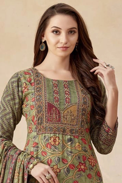 Olive Green Floral Printed Embroidered Pant Style Straight Kurta SetOlive Green Floral Printed Embroidered Pant Style Straight Kurta Set