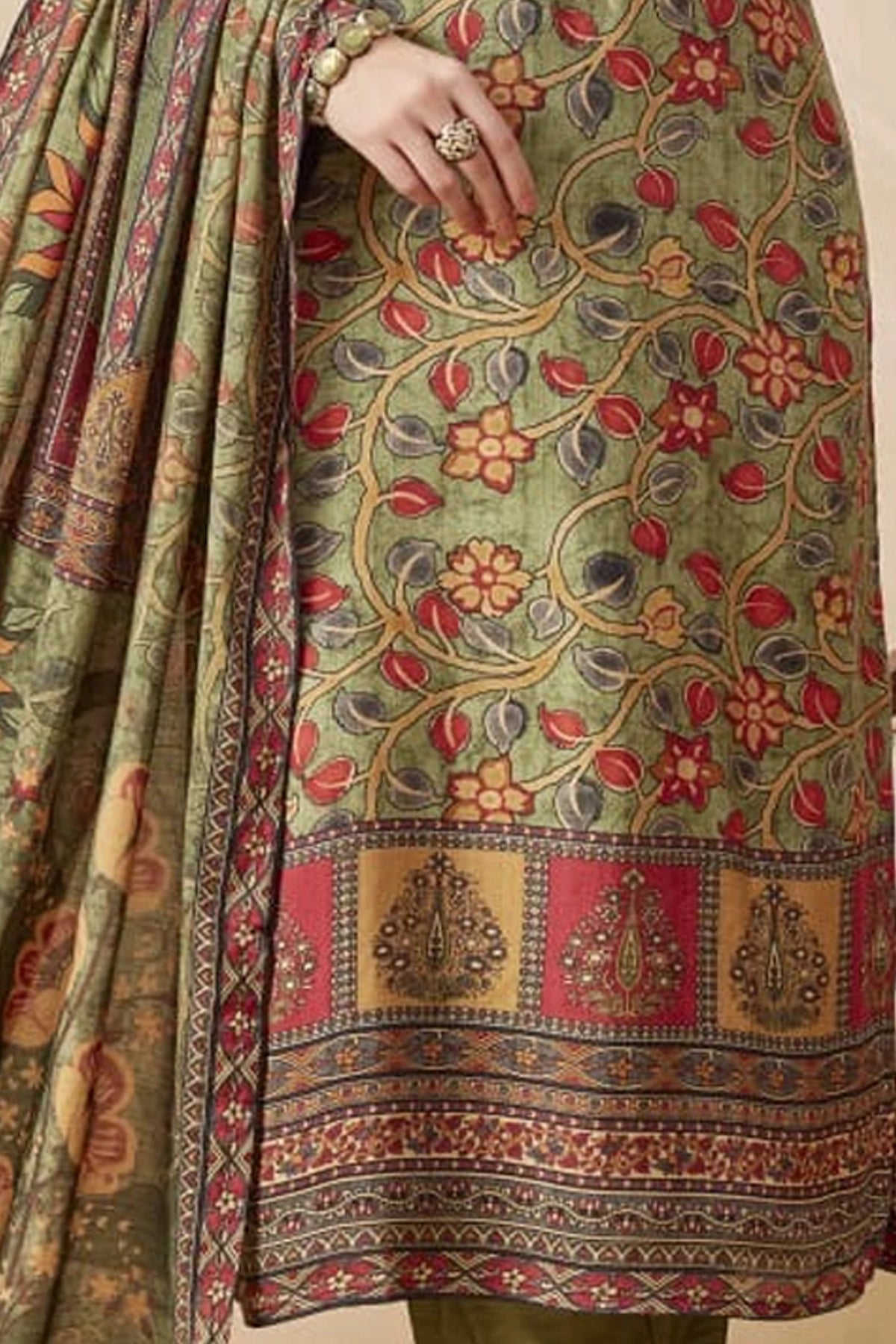 Olive Green Floral Printed Embroidered Pant Style Straight Kurta Set