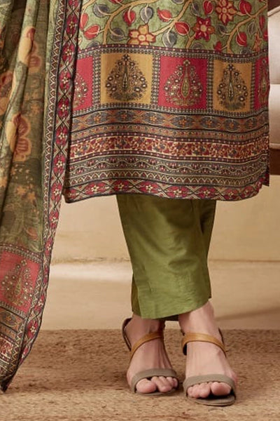 Olive Green Floral Printed Embroidered Pant Style Straight Kurta SetOlive Green Floral Printed Embroidered Pant Style Straight Kurta Set