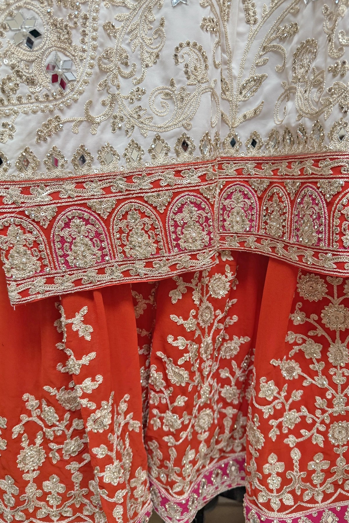 White & Orange Georgette Sharara Set With Mirror Sequins & Handwork