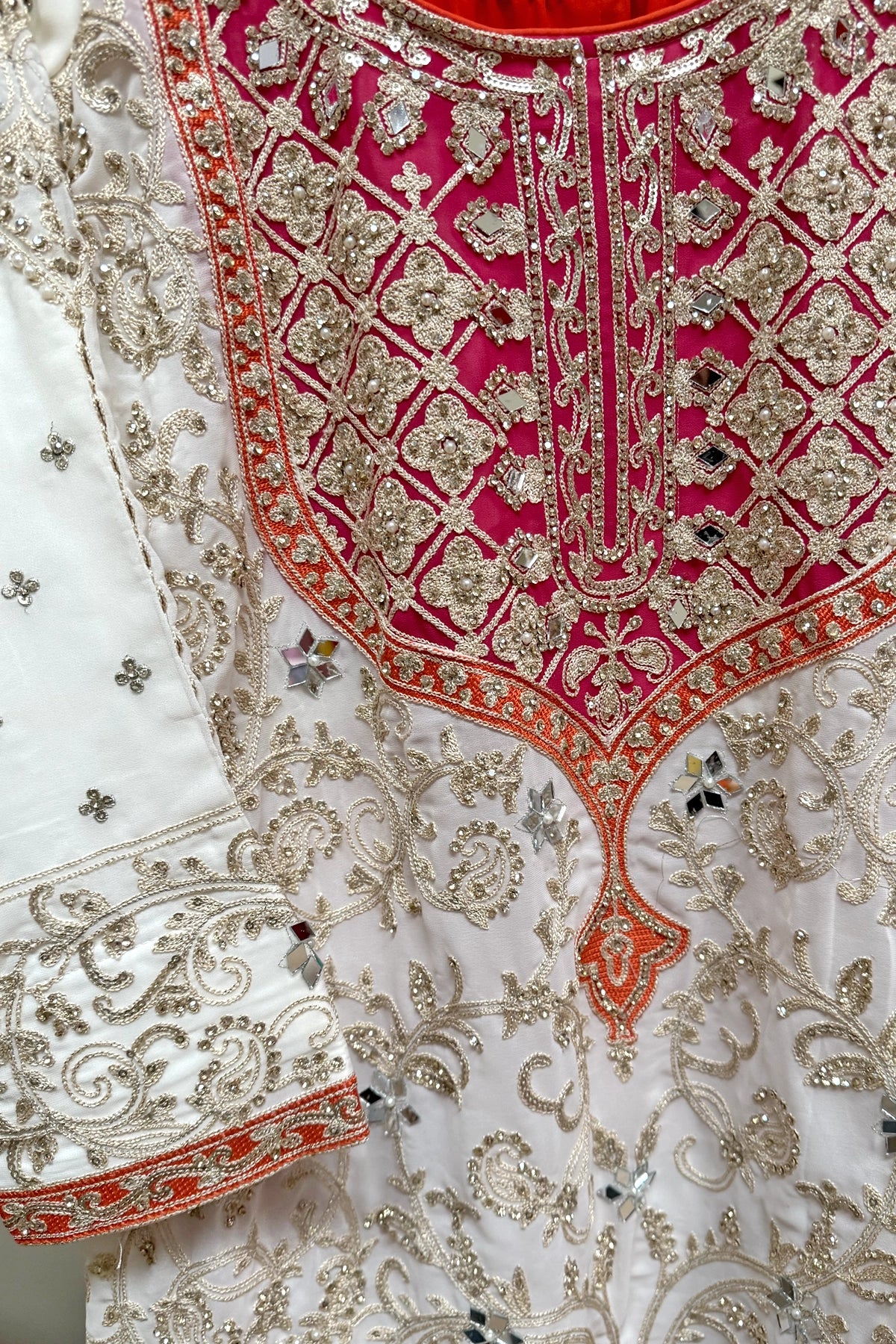 White & Orange Georgette Sharara Set With Mirror Sequins & Handwork