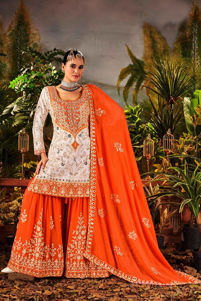 White & Orange Georgette Sharara Set With Mirror Sequins & Handwork