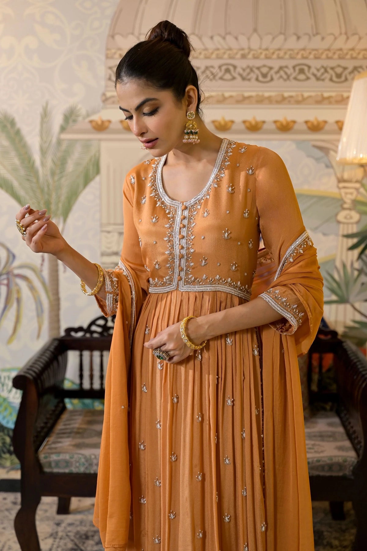 Dark Orange Chinon Silk Embellished Anarkali Suit Set