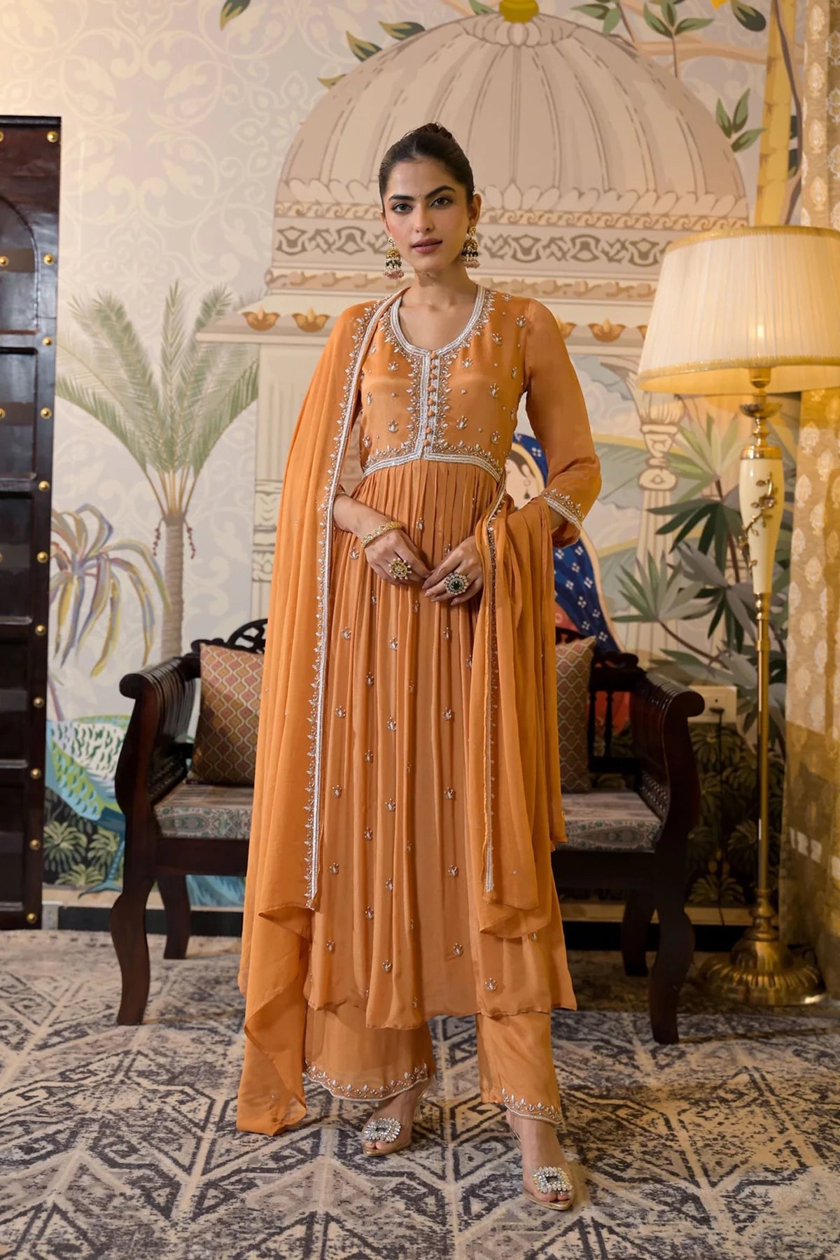 Dark Orange Chinon Silk Embellished Anarkali Suit Set