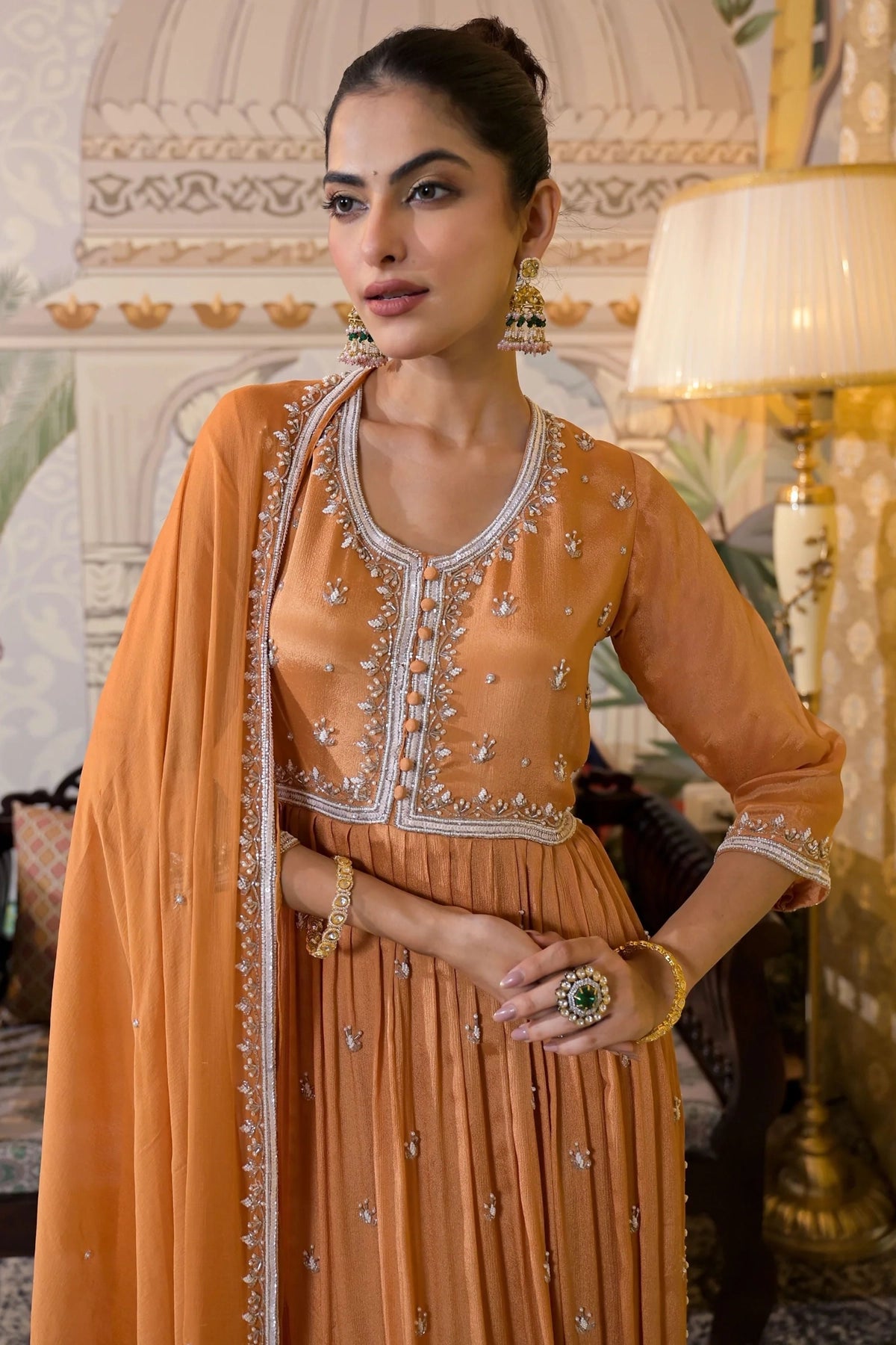 Dark Orange Chinon Silk Embellished Anarkali Suit Set