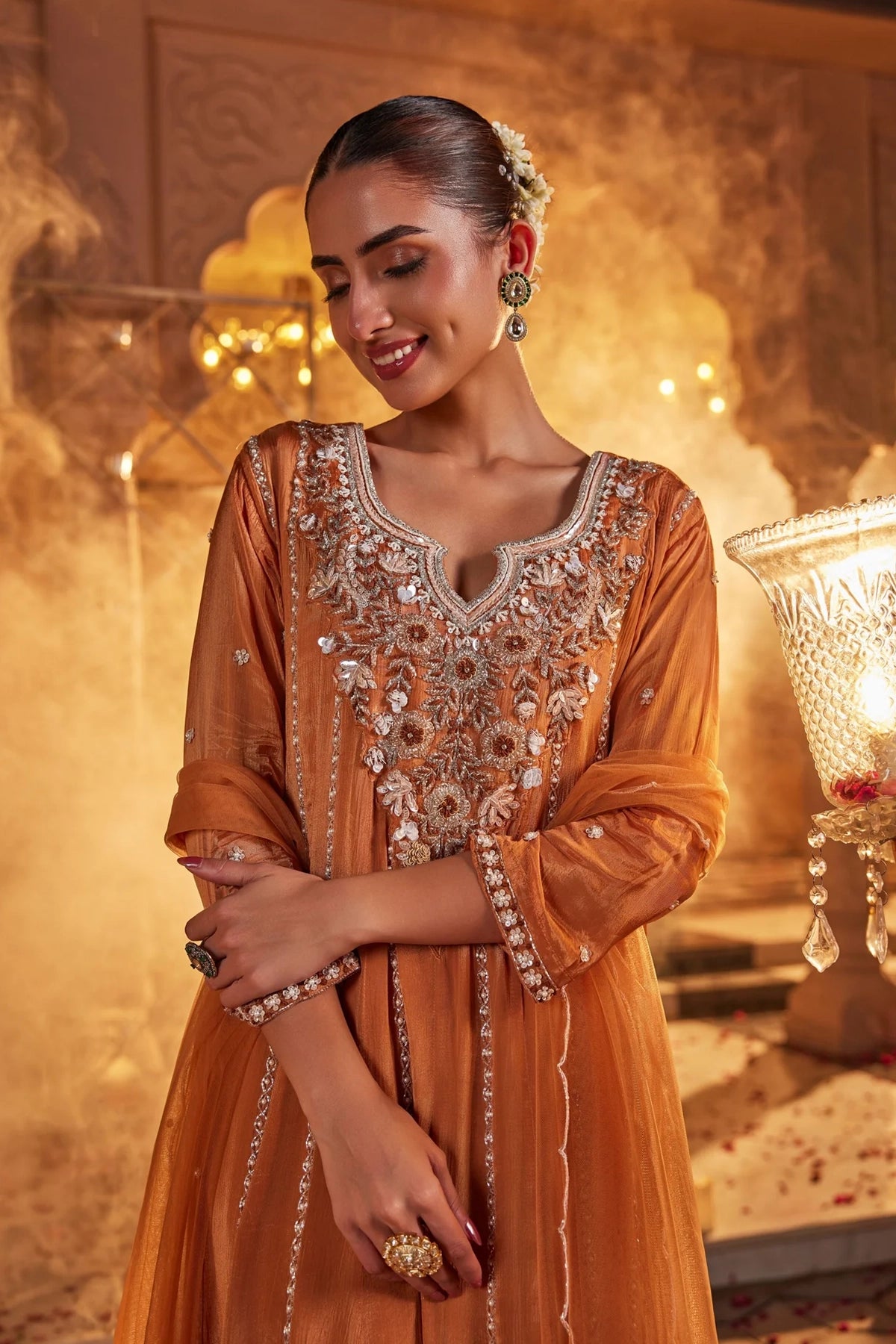 Buy Orange Chinon Silk Embellished Anarkali Suit Set at PinkPhulkari 