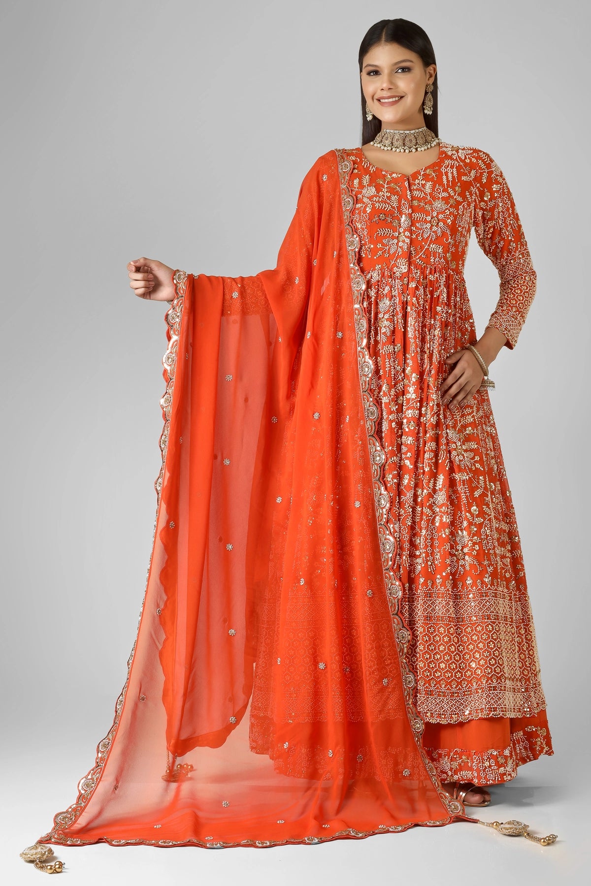 Orange Embroidered Jacket Style Indian & Pakistani Anarkali Dress W-27, Georgette / OrangeRed / S(36)