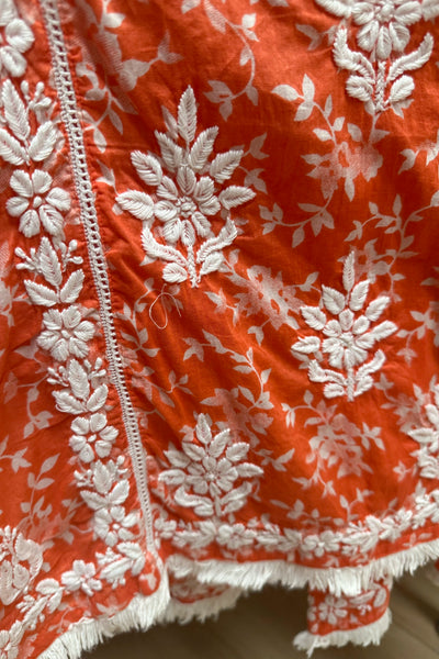 Orange Floral Print Lucknowi Tulip Pant Kurta Set at PinkPhulkariOrange Floral Print Lucknowi Tulip Pant Kurta Set at PinkPhulkari