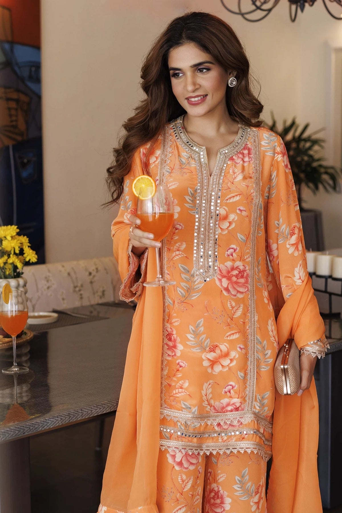 Buy Orange Crepe Printed Kurta Palazzo Set at PinkPhulkari California