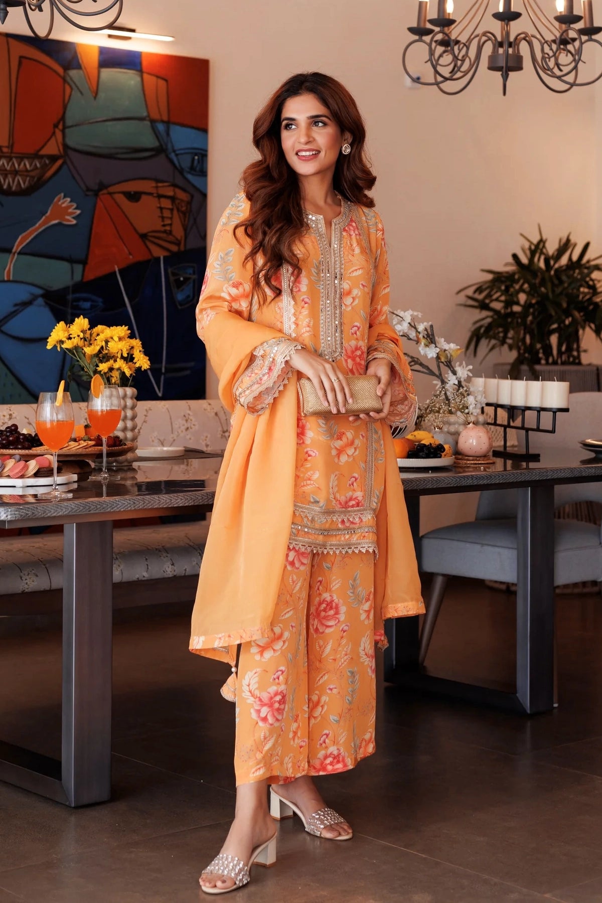 Buy Orange Crepe Printed Kurta Palazzo Set at PinkPhulkari California