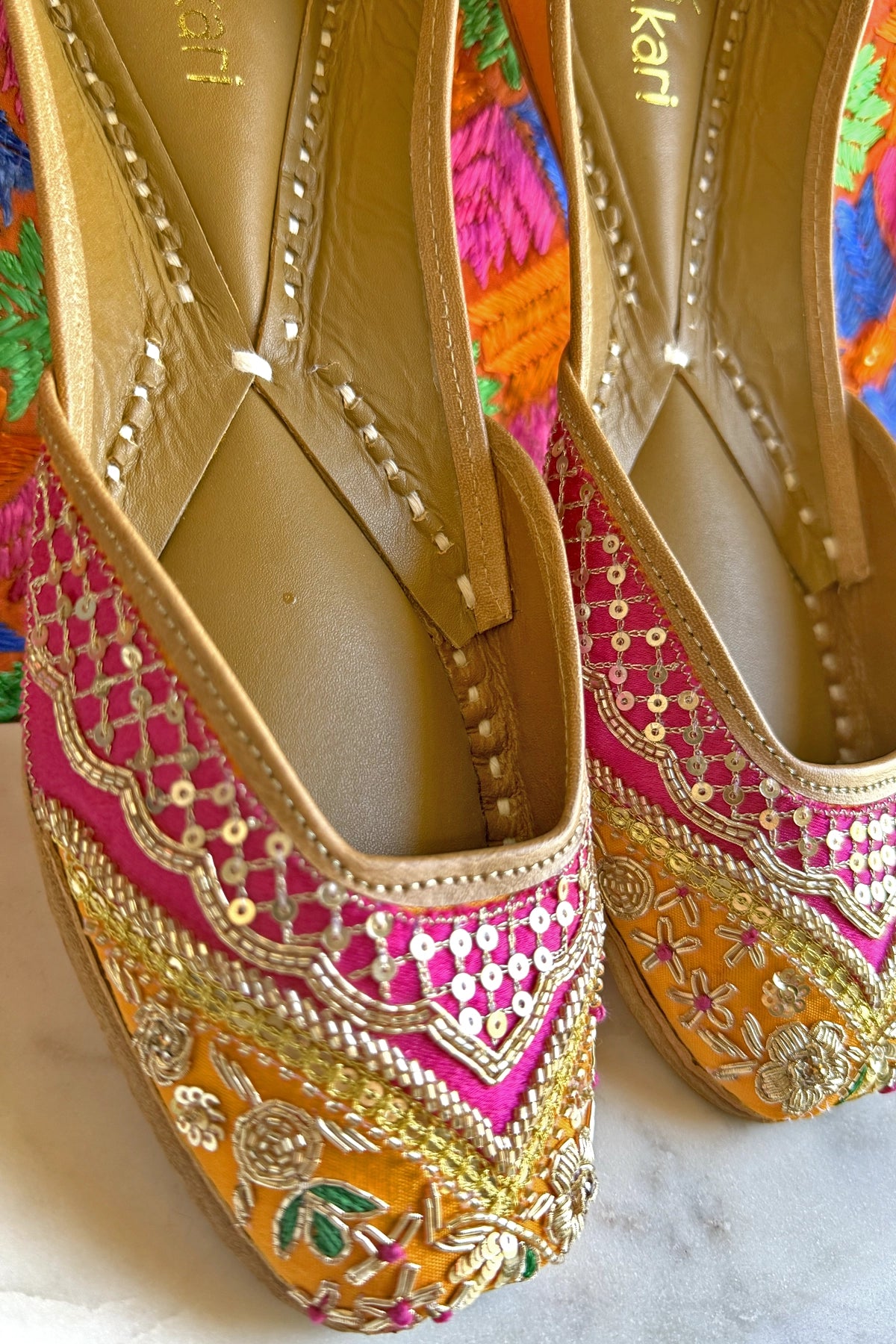 Pink & Orange Zardosi Handcrafted Jutti – Bridal & Festive Comfort