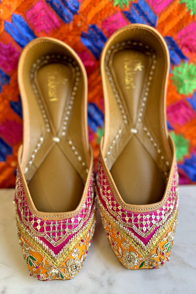 Pink & Orange Zardosi Handcrafted Jutti – Bridal & Festive Comfort
