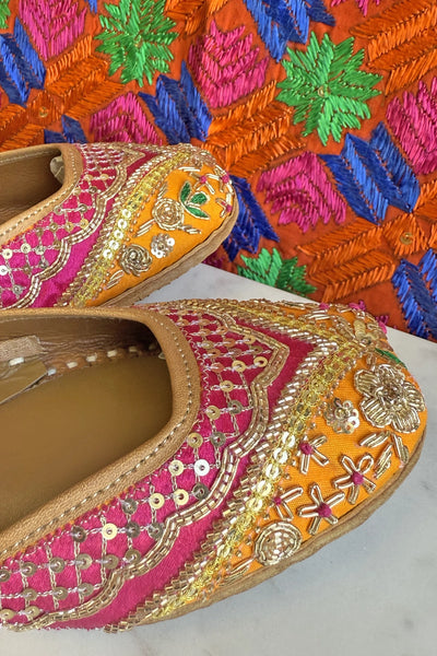 Pink & Orange Zardosi Handcrafted Jutti – Bridal & Festive ComfortPink & Orange Zardosi Handcrafted Jutti – Bridal & Festive Comfort
