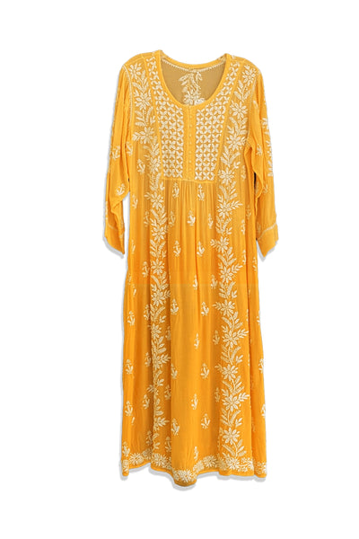 Orange Muslin Silk Handcrafted Lucknowi Chikankari A Line Kurta Dress