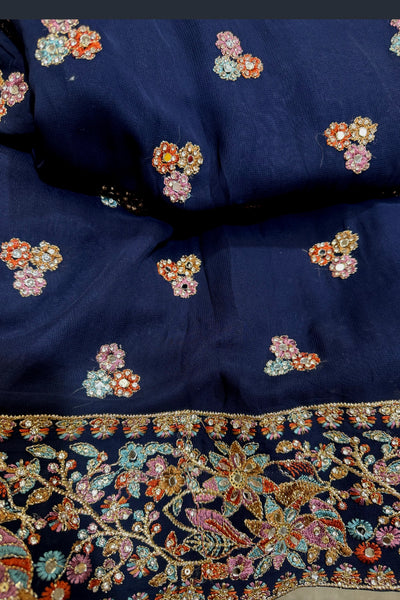 Navy blue georgette fabric with floral embroidery in various colorsNavy blue georgette fabric with floral embroidery in various colors