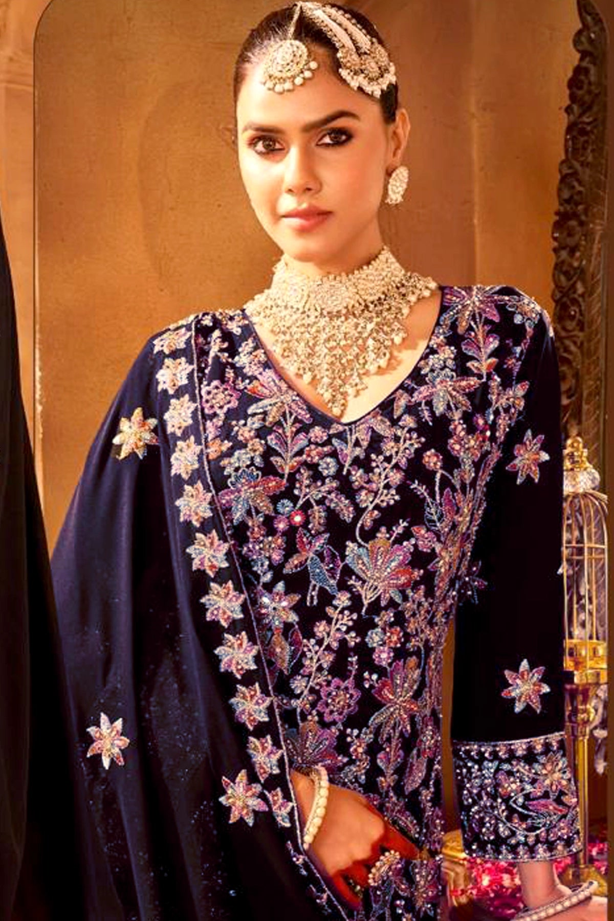 Woman in traditional embroidered kurta set outfit with jewelry against a warm-toned background