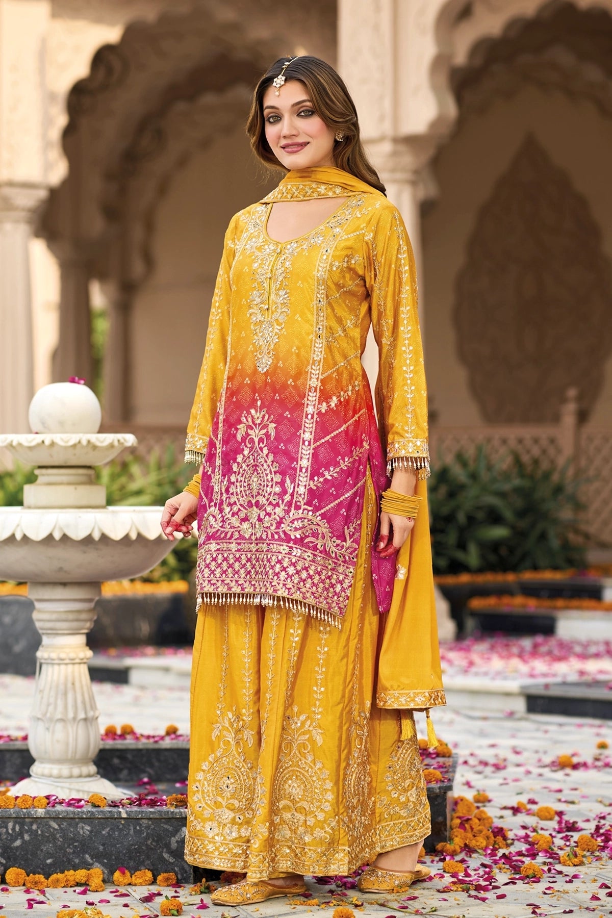 Gold Yellow Embellished Chinon Silk Palazzo Suit Set at PinkPhulkari 