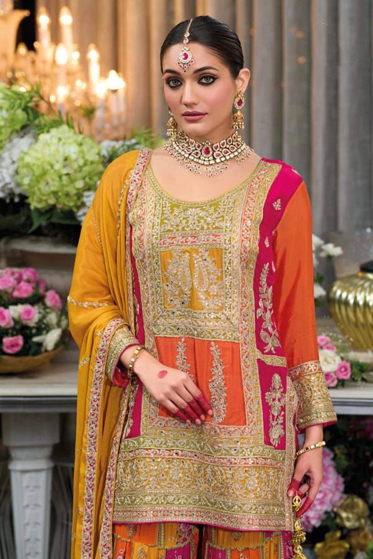 Buy Chinon Silk Embroidered Sharara Suit at PinkPhulkari California