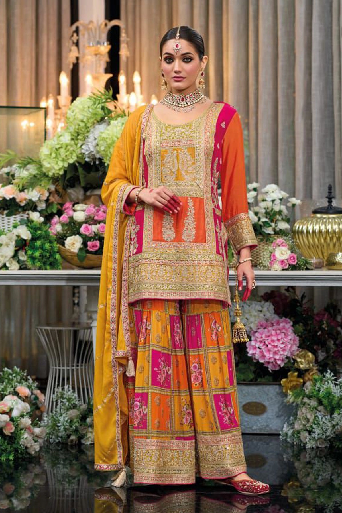 Buy Chinon Silk Embroidered Sharara Suit at PinkPhulkari California