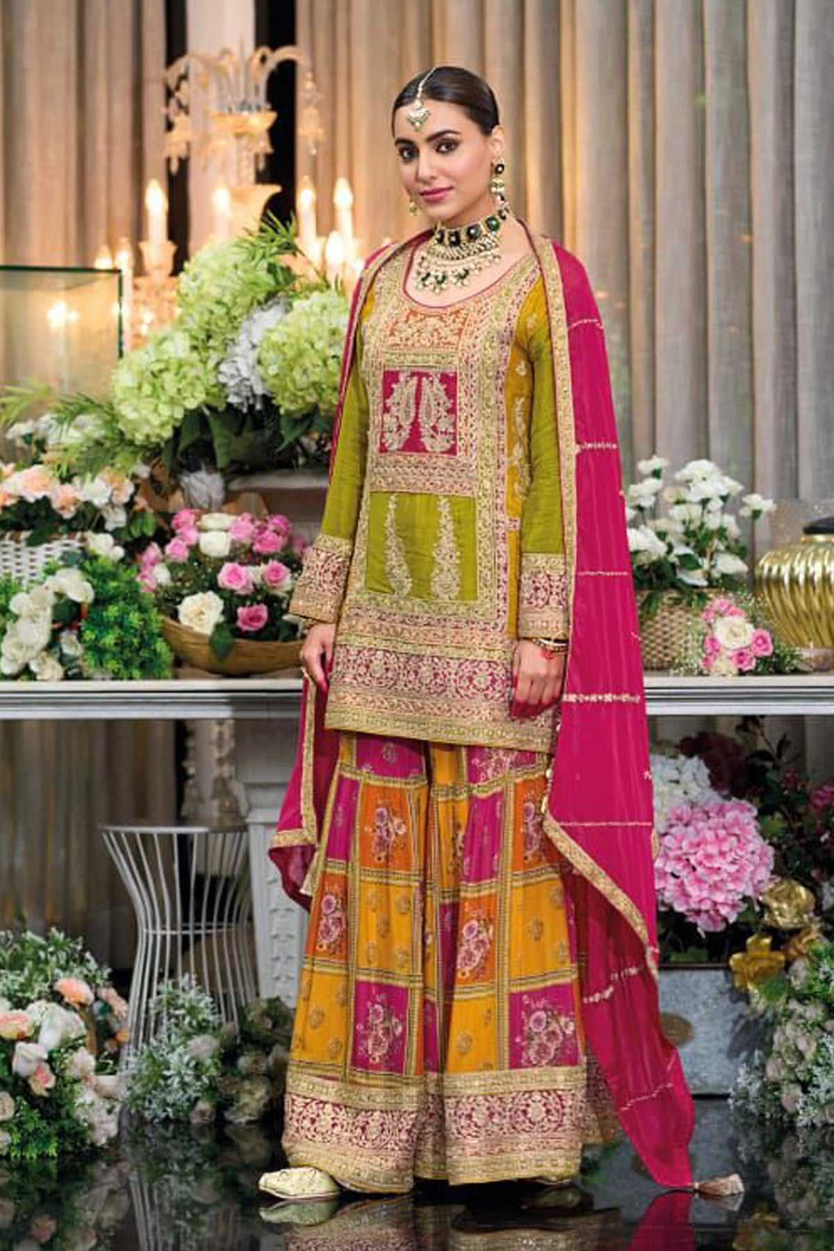 Mehendi Green Chinon Silk Embroidered Sharara Suit at PinkPhulkari 