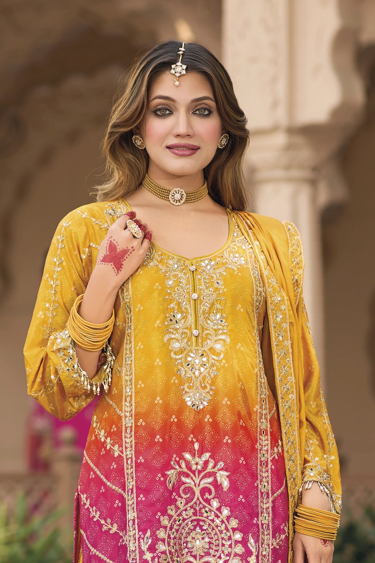 Gold Yellow Embellished Chinon Silk Palazzo Suit Set at PinkPhulkari 