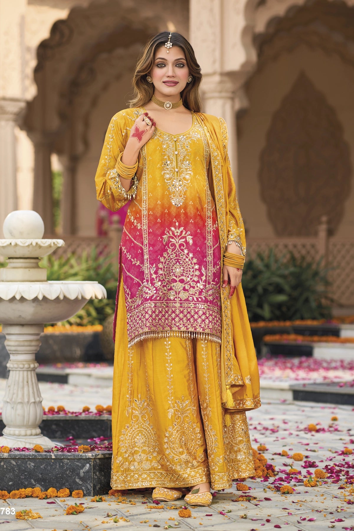 Gold Yellow Embellished Chinon Silk Palazzo Suit Set at PinkPhulkari 