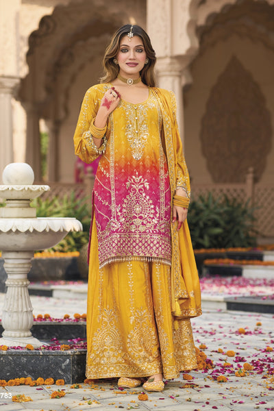 Gold Yellow Embellished Chinon Silk Palazzo Suit Set at PinkPhulkari Gold Yellow Embellished Chinon Silk Palazzo Suit Set at PinkPhulkari 