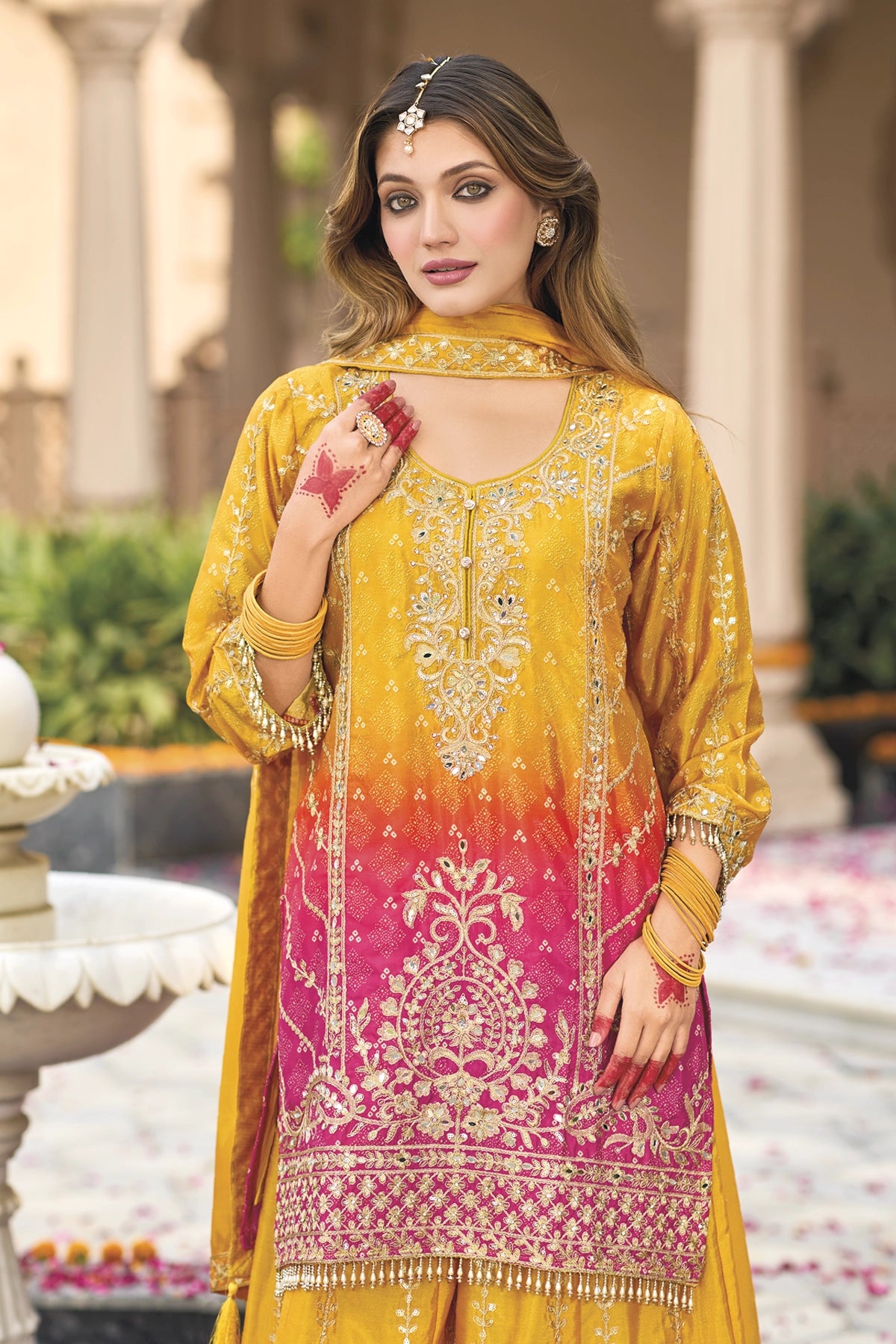 Gold Yellow Embellished Chinon Silk Palazzo Suit Set at PinkPhulkari 