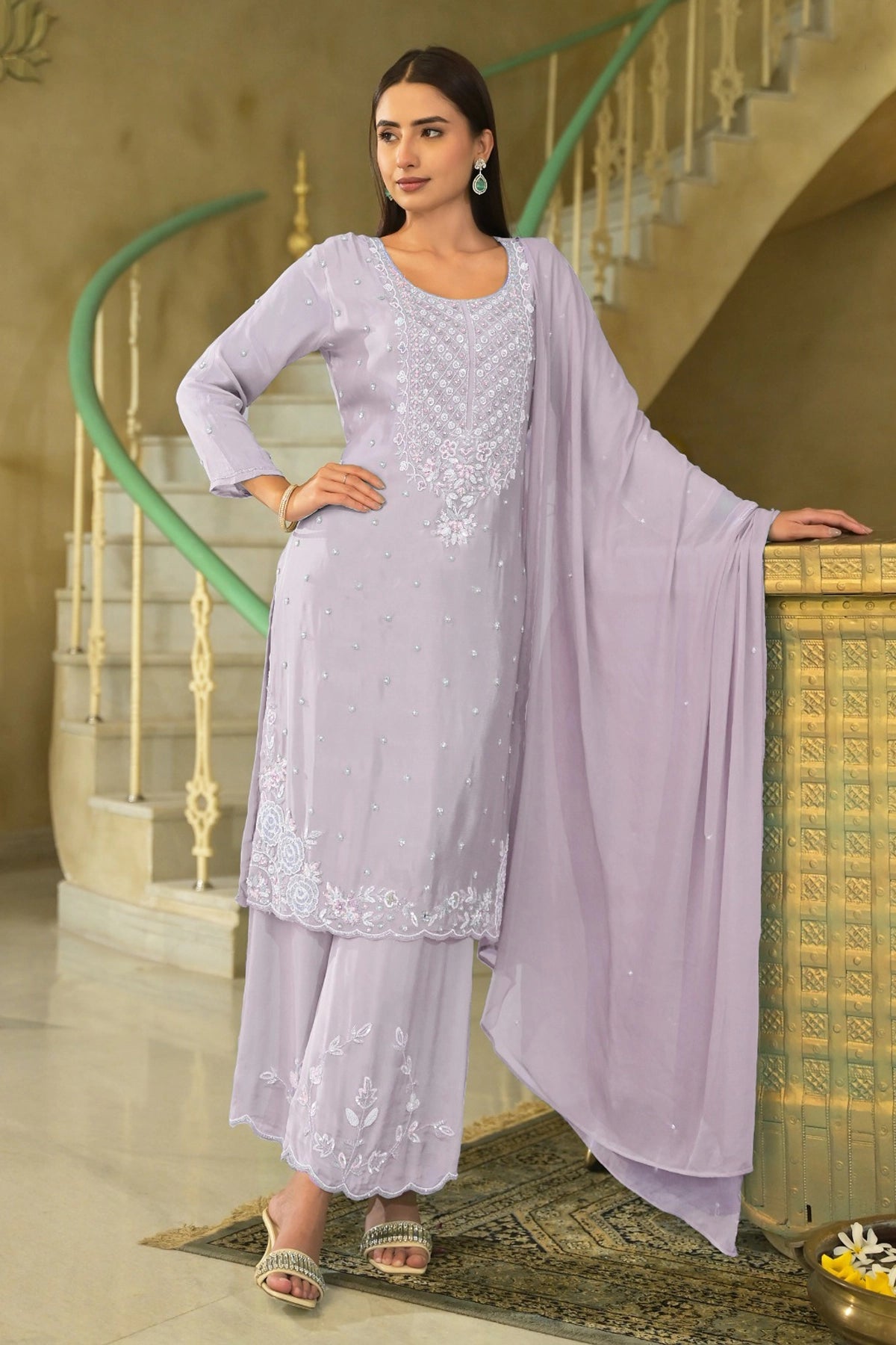 Light Purple Embroidered Chinon Silk Kurta Palazzo Set at PinkPhulkari