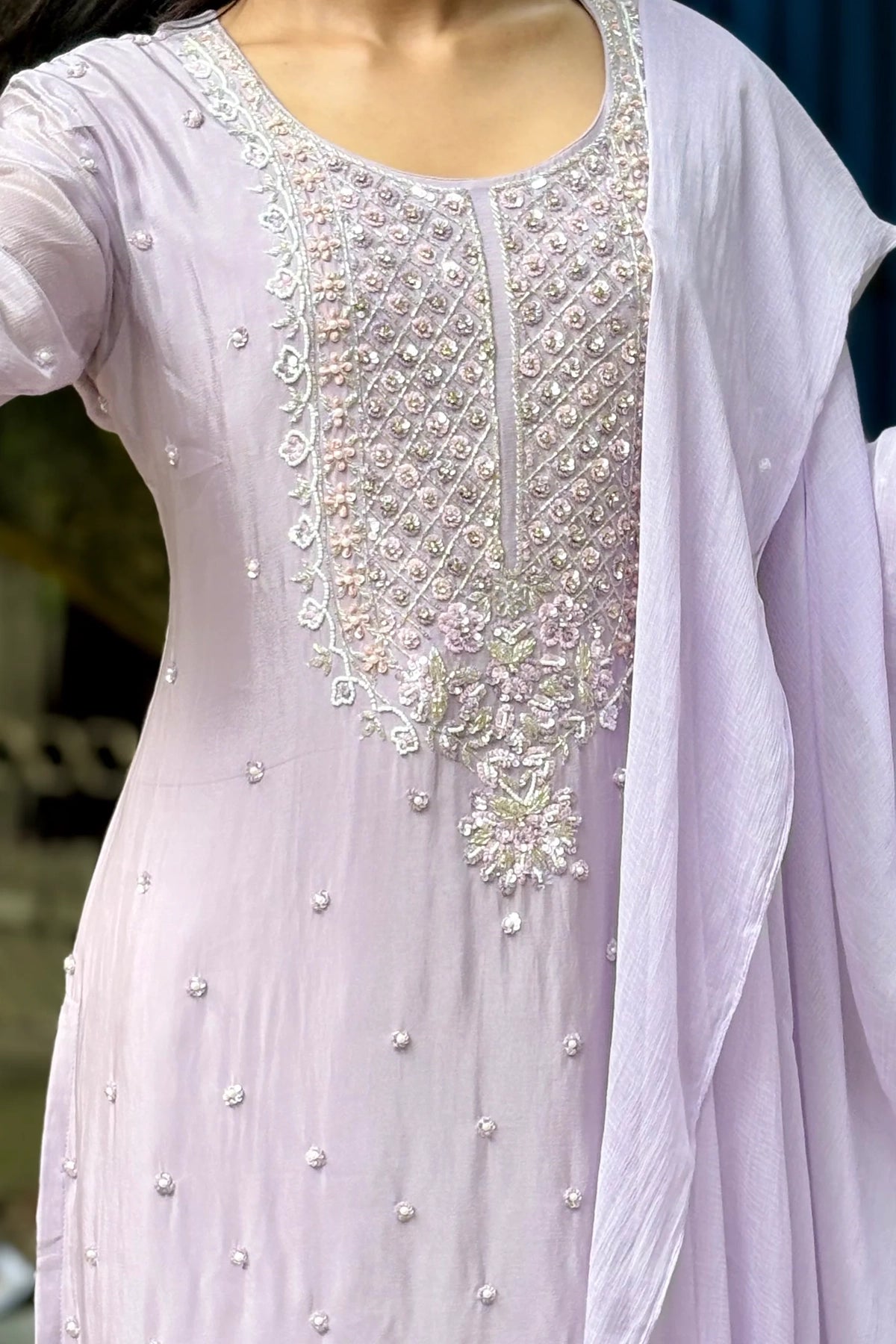 Light Purple Embroidered Chinon Silk Kurta Palazzo Set at PinkPhulkari