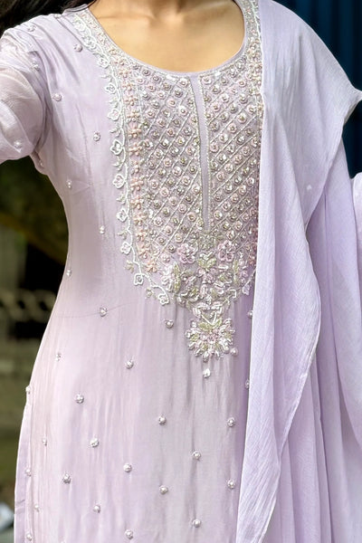 Light Purple Embroidered Chinon Silk Kurta Palazzo Set at PinkPhulkariLight Purple Embroidered Chinon Silk Kurta Palazzo Set at PinkPhulkari