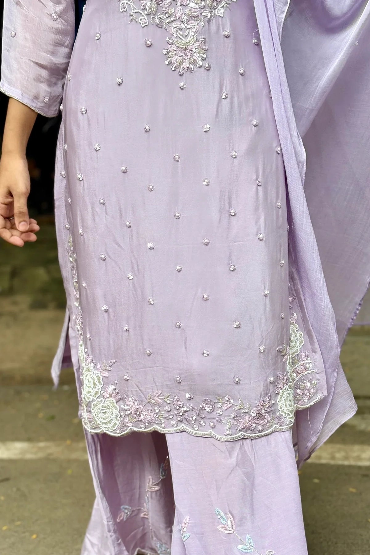 Light Purple Embroidered Chinon Silk Kurta Palazzo Set at PinkPhulkari