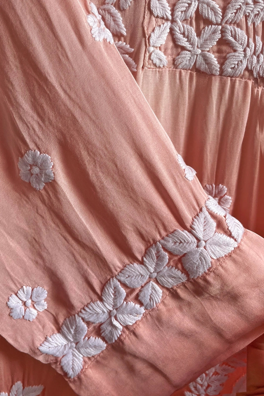 Peach Modal Satin Lucknowi Chikankari A Line Kurta Dress