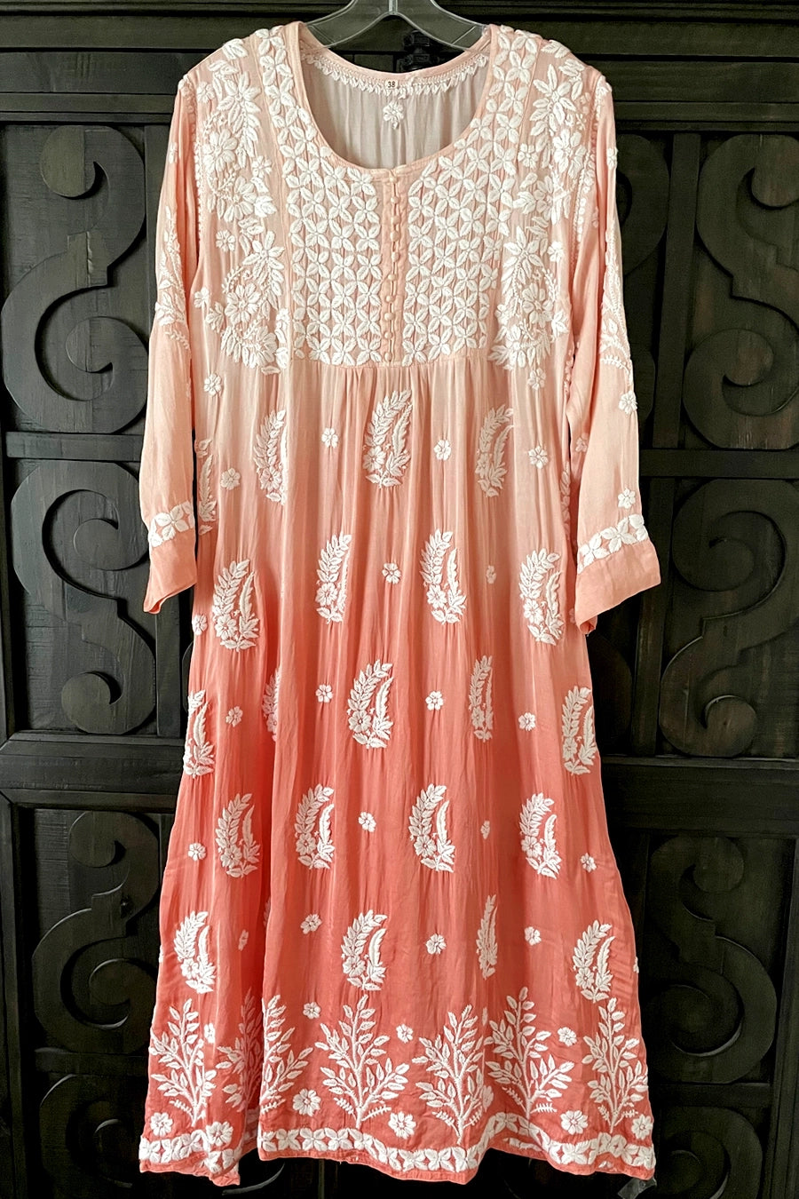 Peach Modal Satin Lucknowi Chikankari A Line Kurta Dress